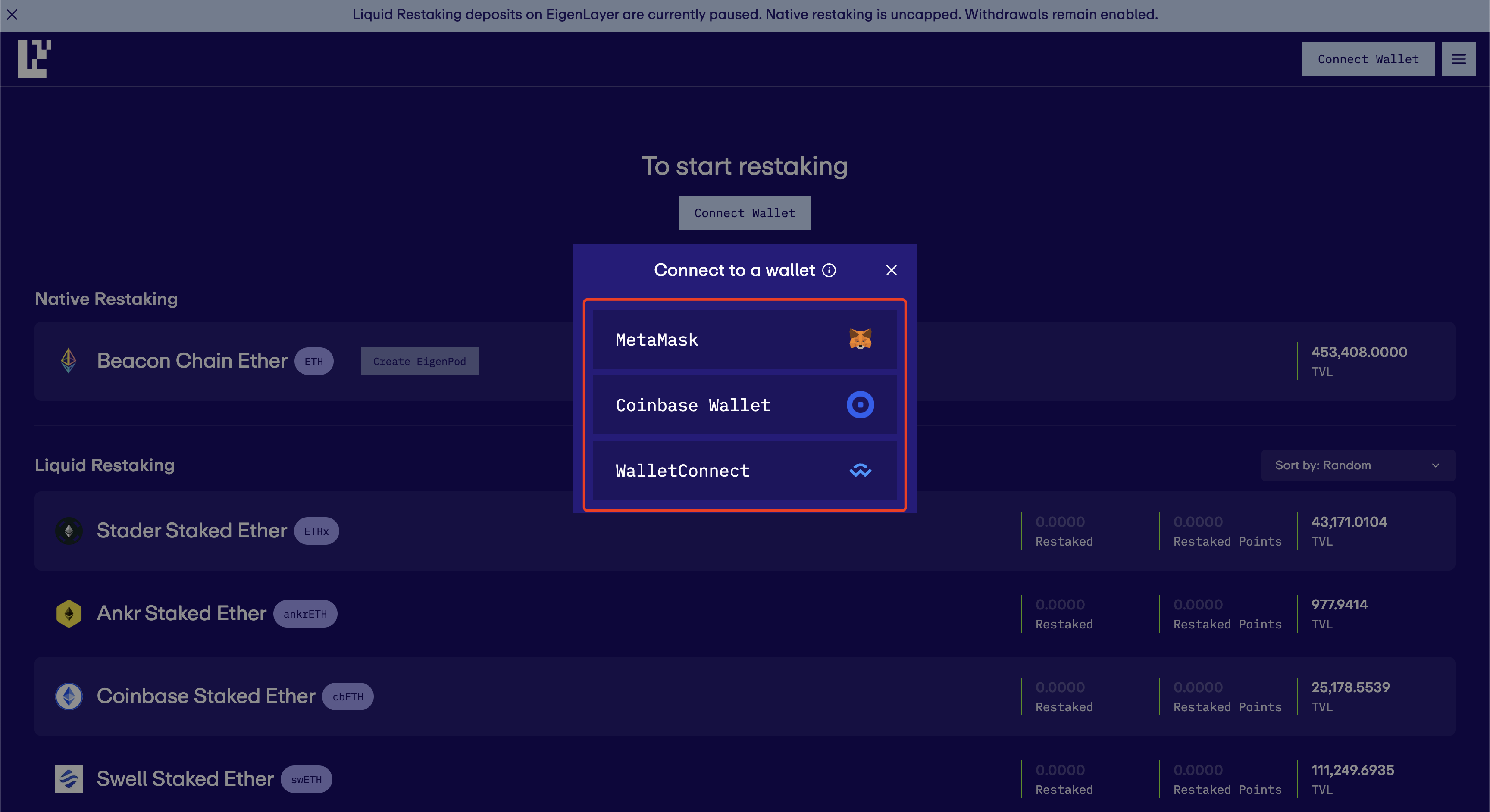 You can choose your desired wallet to connect to EigenLayer to start restaking.