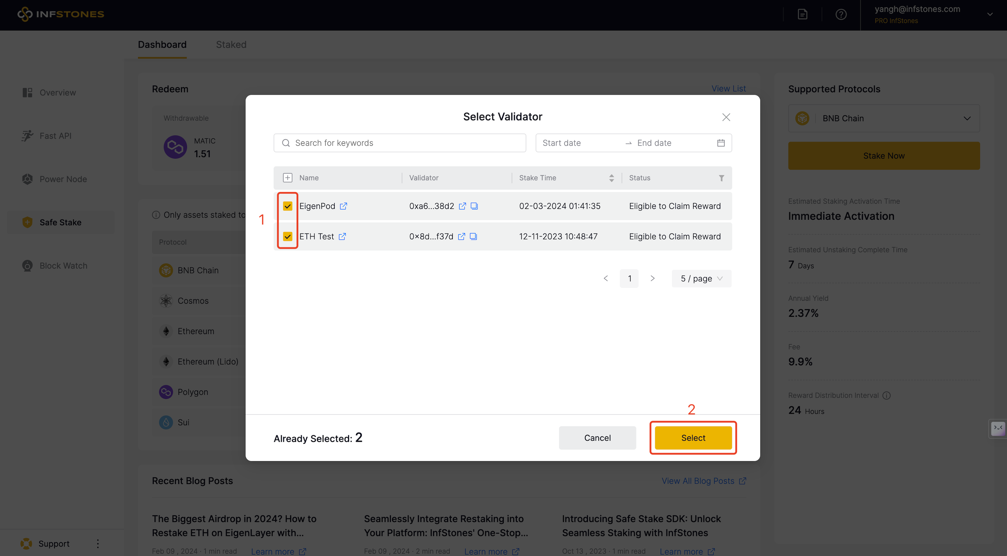 InfStones' Select Validator option allows you to claim rewards from multiple validators at one time