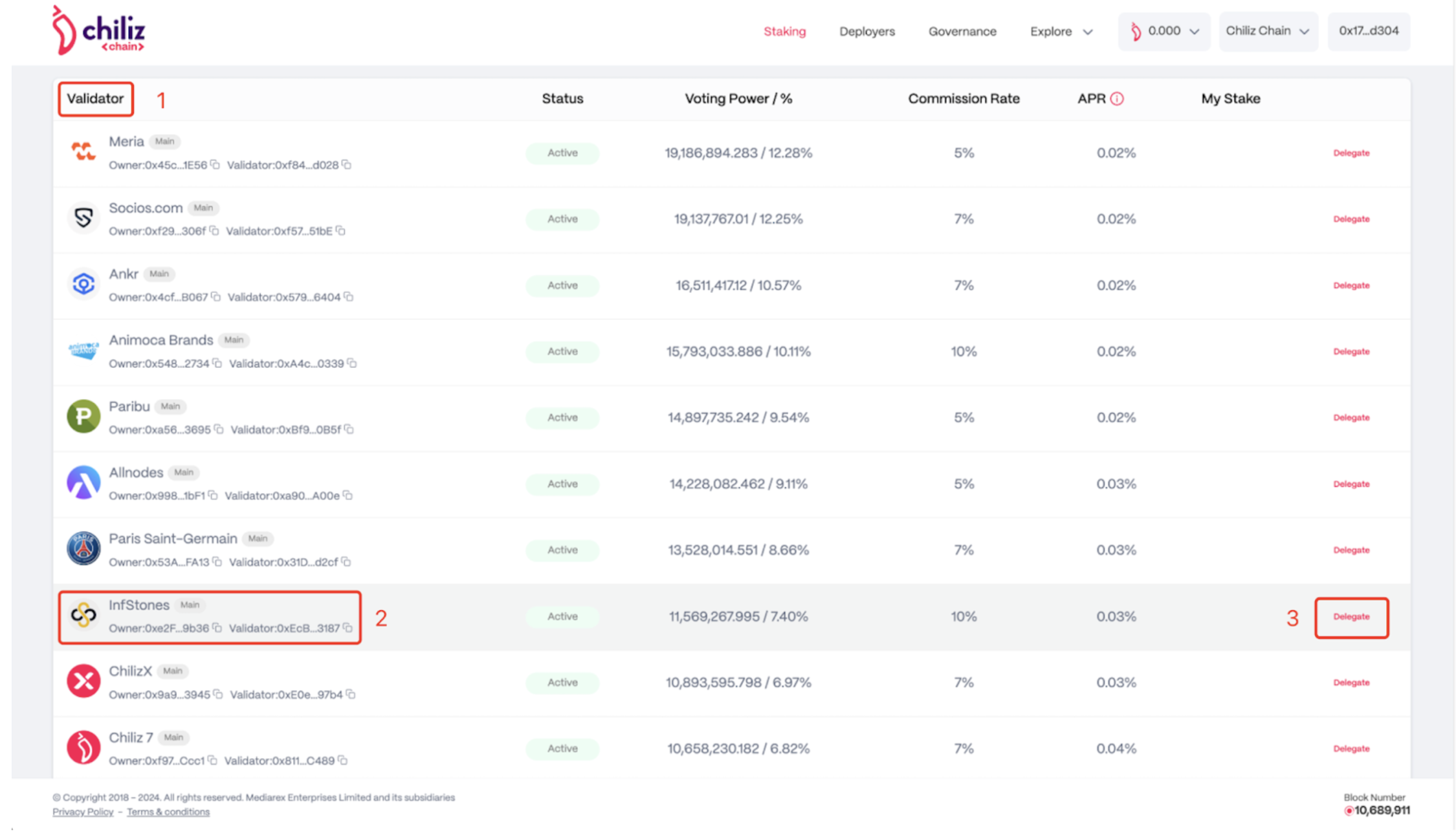 Choose InfStones from the list of available validators