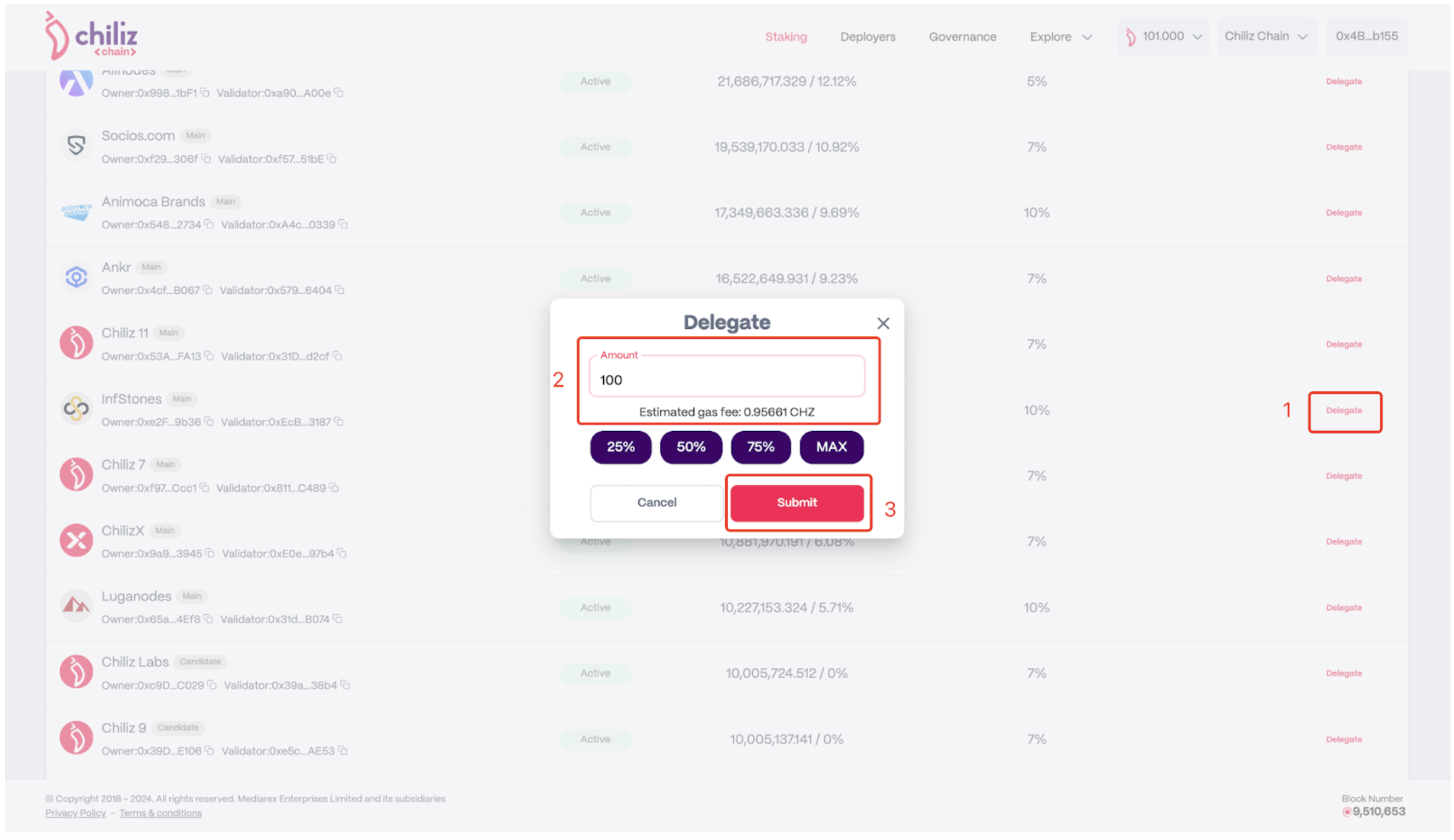 Enter how much CHZ you want to stake with InfStones