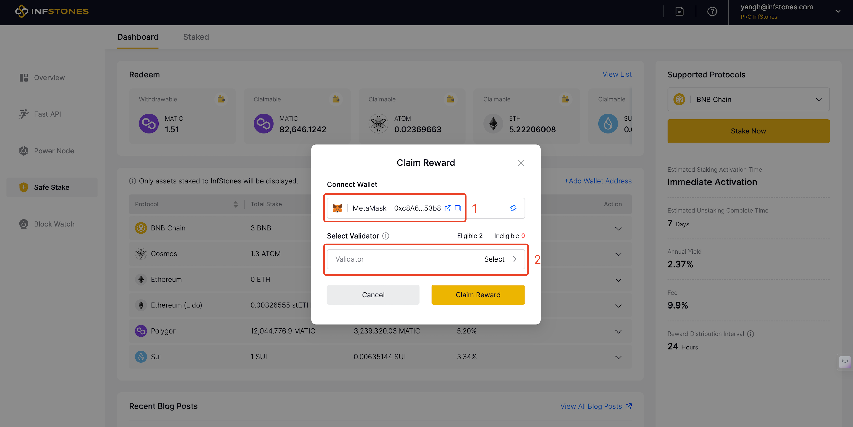 Connect Your Wallet to Select Validators Which You Need to Claim Reward