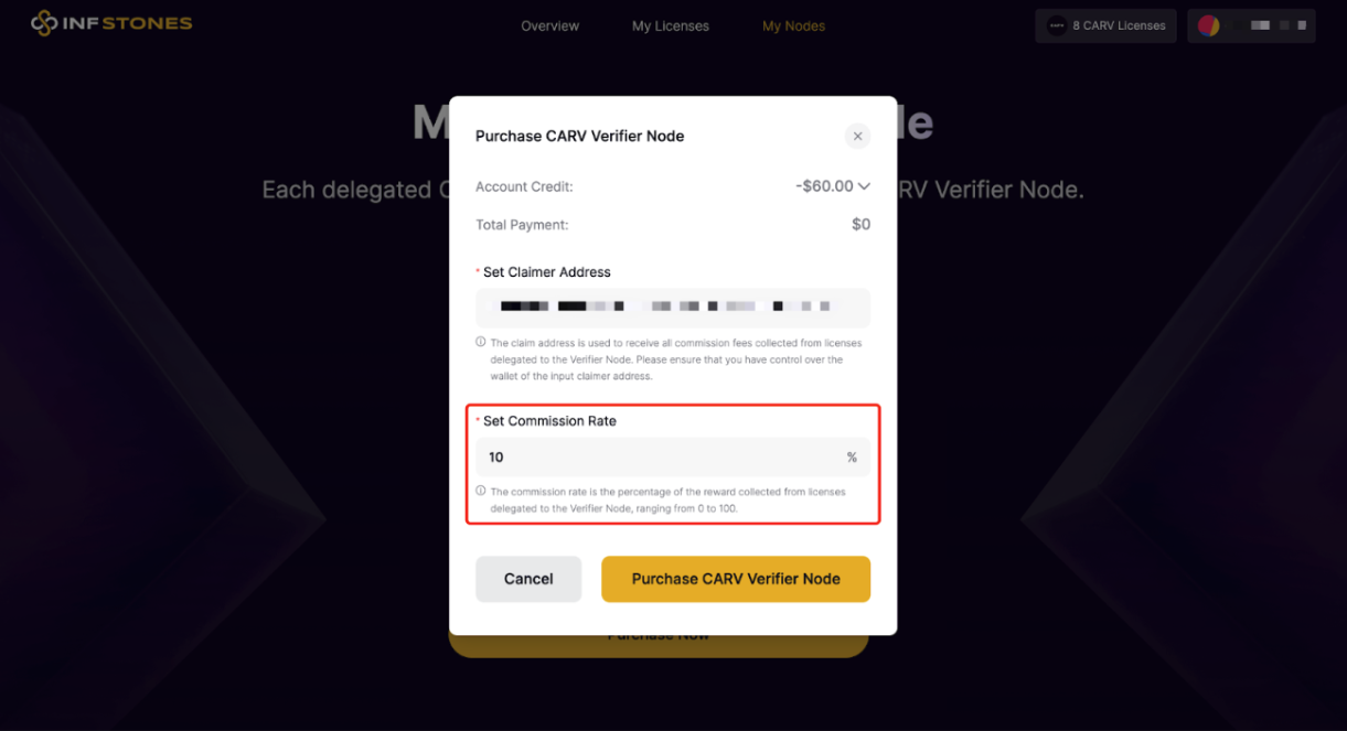 Set your commission rate with InfStones for your CARV Verifier Node